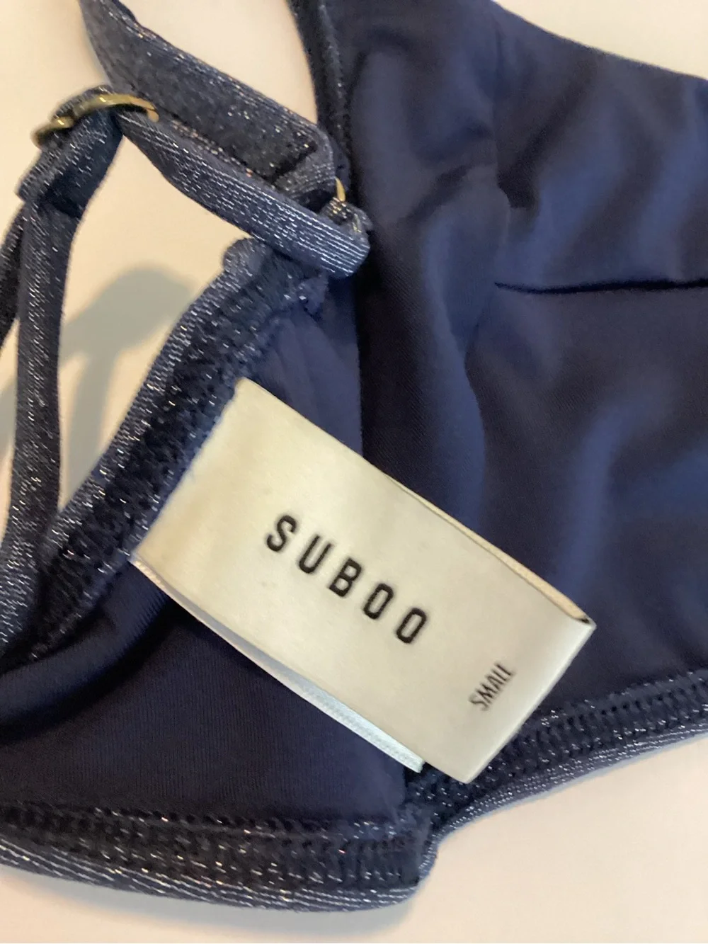 SUBOO Bikini Top Small Blue Denim Metallic Lined Crop Festival Beach Coastal